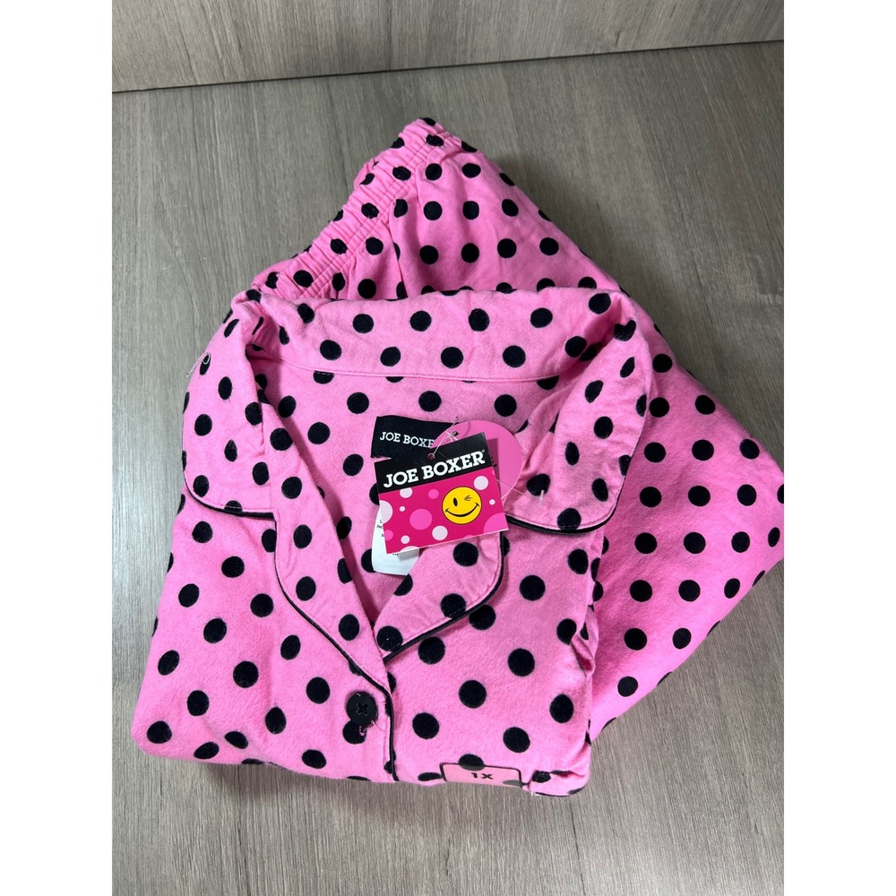 Joe Boxer Womens Pink Black Polka Dot Pajama Set NWT 1X Long Sleeve Button Down